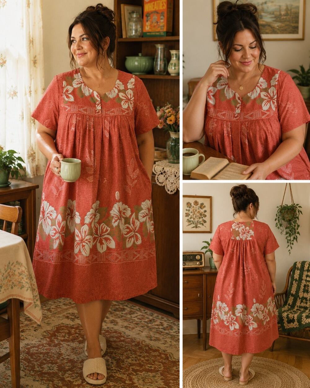 Anthony Richards Floral Muumuu House Dress Womens 1X Coral Pink Pockets Hawaiian